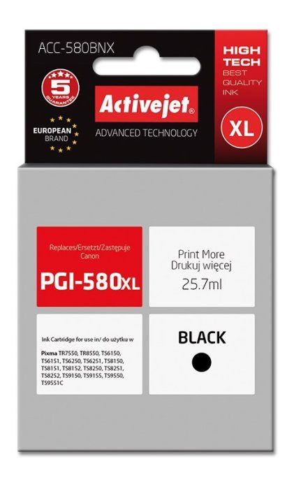 Activejet ACC-580BNX Must tint (Canon PGI-580XLBk asendus; Supreme; 25.7 ml)