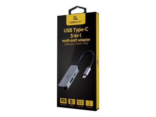 GEMBIRD A-CM-COMBO3-02 Mitmikportide adapter USB type C 3in1 USB port + HDMI + PD hõbedane