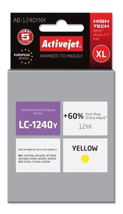 Activejet AB-1240YNX tint (asendus Brother LC1220Bk/LC1240Bk jaoks; Supreme; 12 ml; kollane)