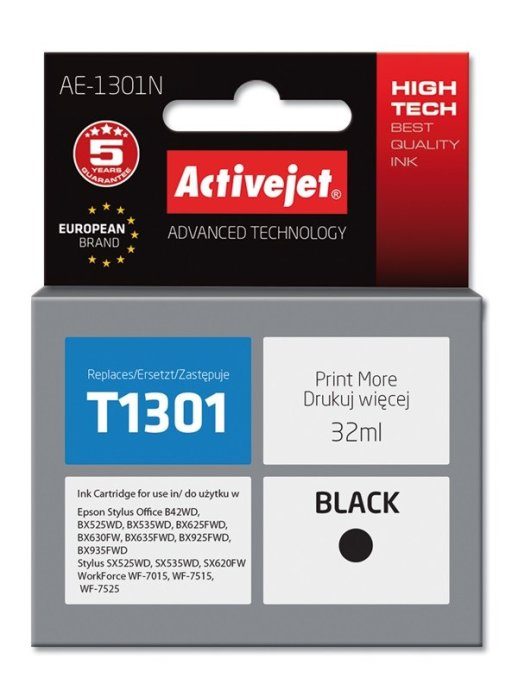 Activejet AE-1301N tindikassett (asendus Epson T1301 jaoks; Supreme; 32 ml; must)