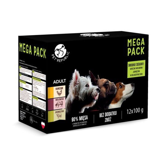 PETREPUBLIC Mega Pack kana, veis, lamba märgkoeratoit - 12x100g