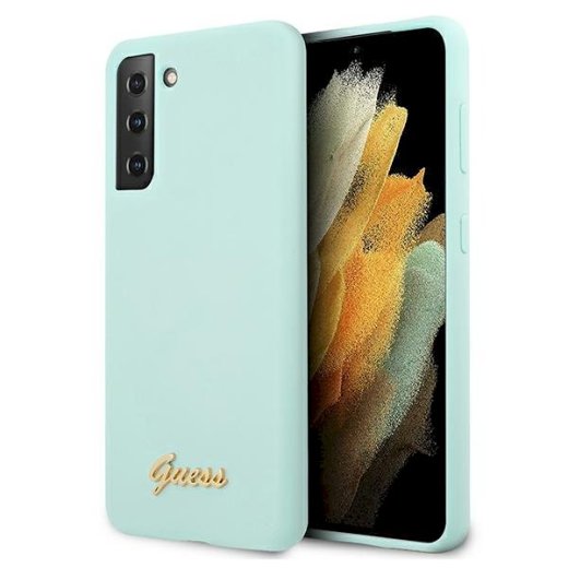 Guess GUHCS21MLSLMGLB Hardcase Silicone Script Metal Logo Aizsargapvalks priekš S21+ G996 / zils