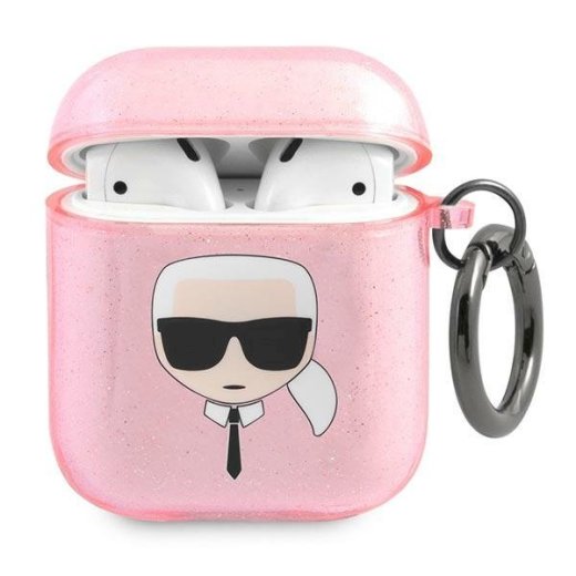 Karl Lagerfeld KLA2UKHGP Aizsargapvalks priekš AirPods Glitter Karl`s Head / rozā