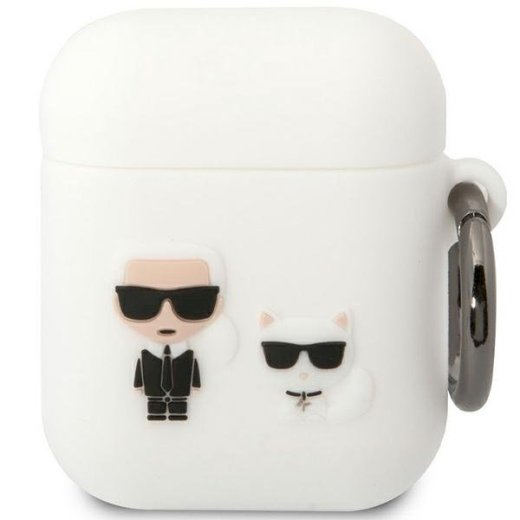 Karl Lagerfeld KLACA2SILKCW Silicone Karl & Choupette Aizsargapvalks priekš AirPods 1/2 / balts