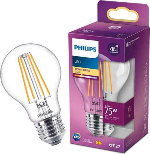 Philips 929002025455 LED spuldze classic 75W E27 silti balta A60 caurspīdīga