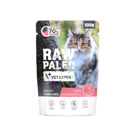 VETEXPERT Raw Paleo Adult Sterilised Pork - wet cat food - 100g