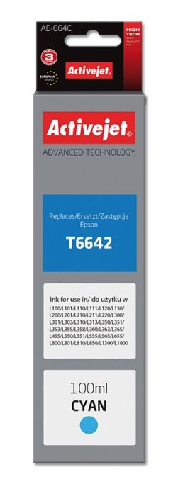 Activejet AE-664C Ink Bottle (Replacement, Epson T6642; Supreme; 100 ml; Cyan)