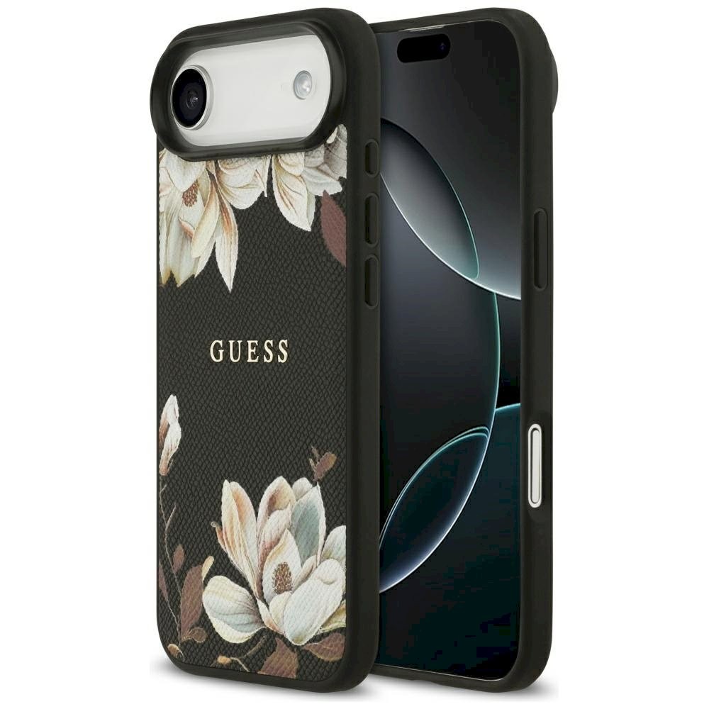 Guess Grained Flowers Classic Logo MagSafe ümbris iPhone Air jaoks / must