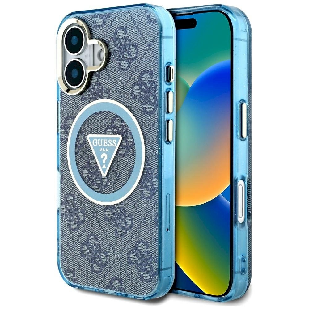 Guess IML Metal Glitter 4G Circle Triangle MagSafe ümbris iPhone 16 jaoks / sinine