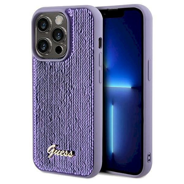 Guess GUHCP13LPSFDGSU Hõbedase kirjakirjaga metallist kõva ümbris iPhone 13 Pro/13 6.1" jaoks / lilla