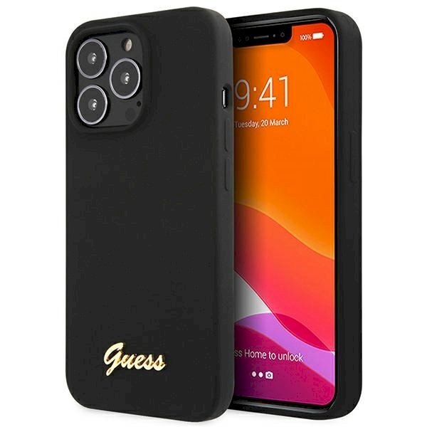 Guess GUHCP13XLSLMGBK Silikoonist kulda logoga kalligraafiline kõvaümbris iPhone 13 Pro Max 6.7" jaoks / must