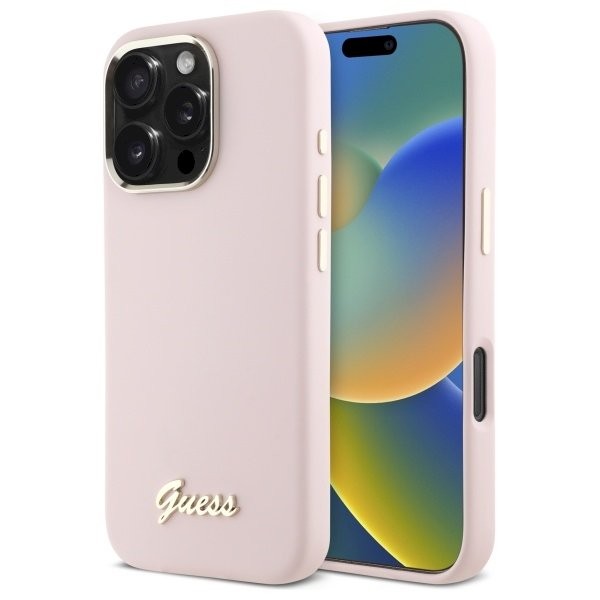 Guess GUHCP16LSMBSLP Kõvaümbris Silikoon Script Metal Logo & Frame iPhone 16 Pro 6.3" jaoks / roosa
