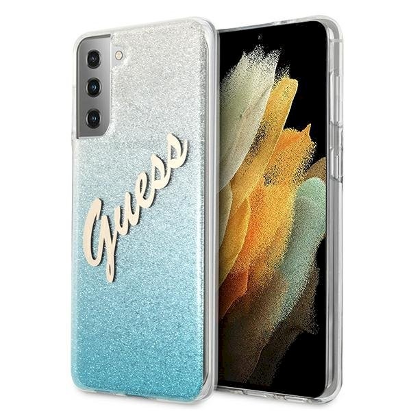Guess GUHCS21MPCUGLSBL Glitter Gradient Script kõva ümbris Samsung Galaxy S21+ G996 jaoks / sinine