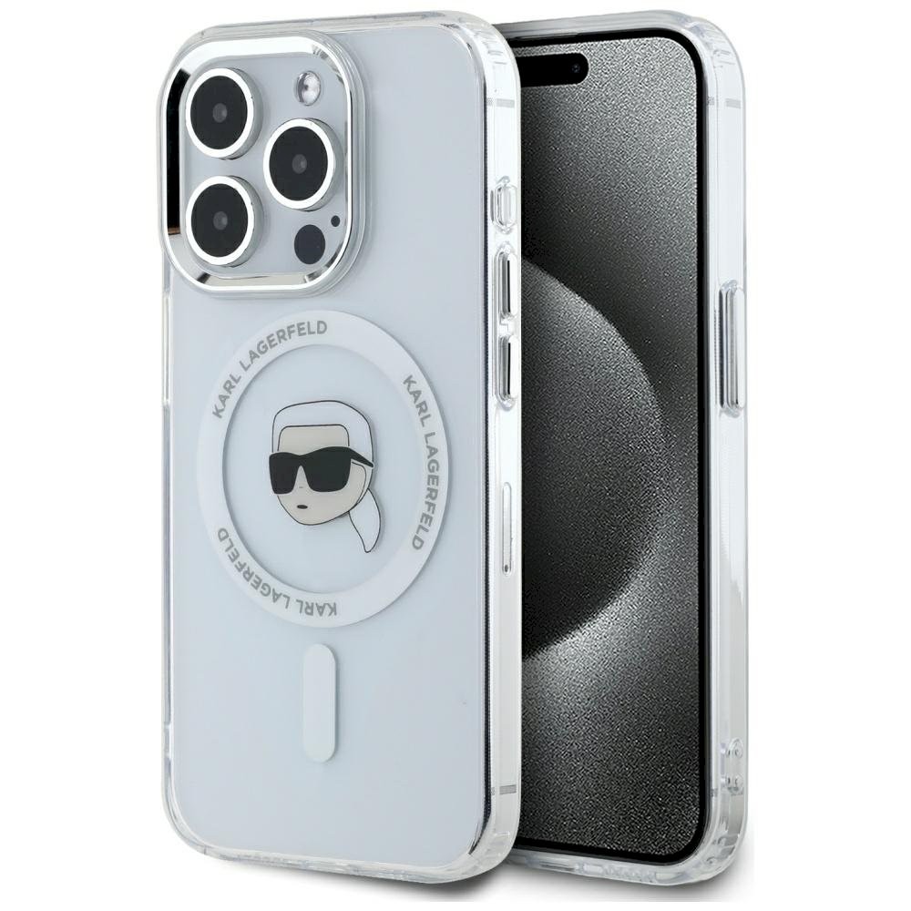 Karl Lagerfeld IML Metall Karl pea MagSafe ümbris iPhone 15 Pro Max jaoks / valge