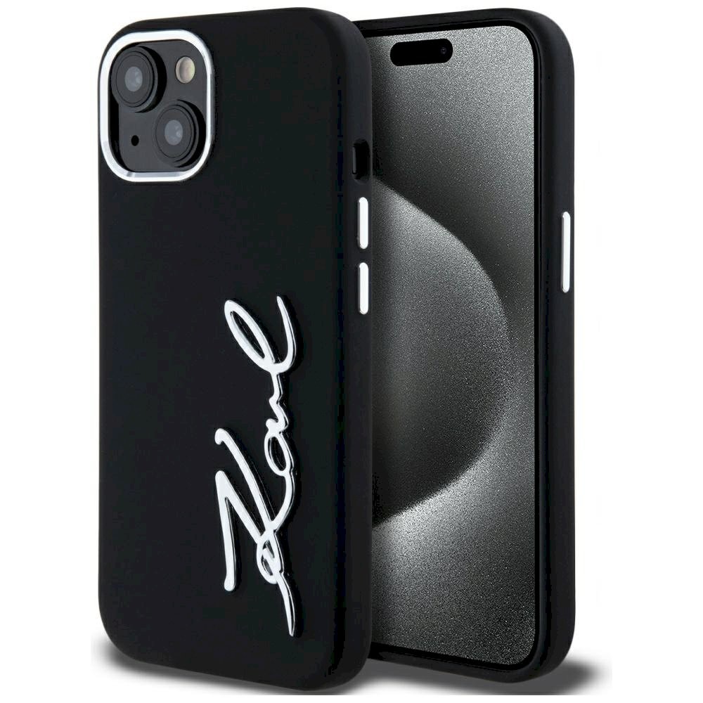 Karl Lagerfeld Silicone Metal Script Logo Case iPhone 15 jaoks / must