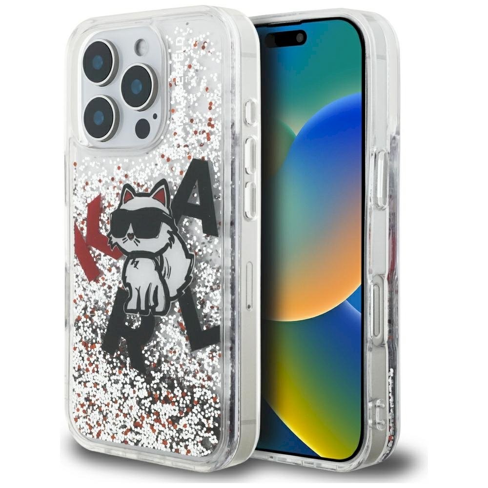 Karl Lagerfeld Liquid Glitter Choupette Logo kaitseümbris iPhone 16 Pro Max jaoks / läbipaistev