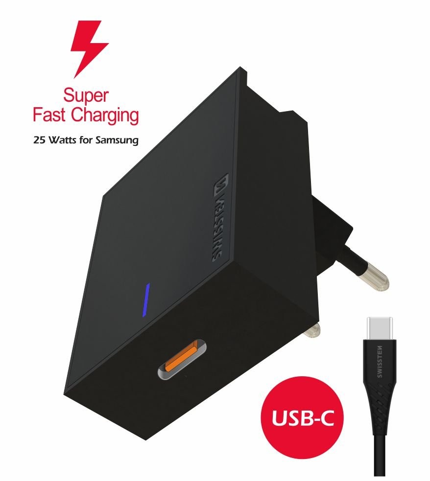 Swissten 25W Samsung Super Fast Charging reisilaadija koos 1.2m USB-C kuni USB-C kaabliga