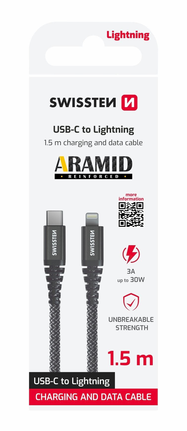Swissten ARAMID TUGEVATUD Andmekabel USB-C / Lightning 1.5m / 60w