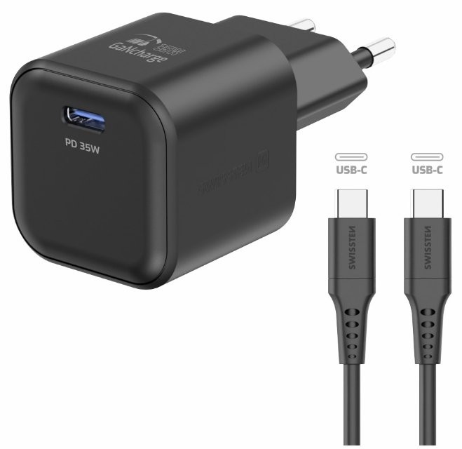 Swissten Reisilaadija GaN USB-C 35W PD + Andmekaabel USB-C - USB-C 1.2m