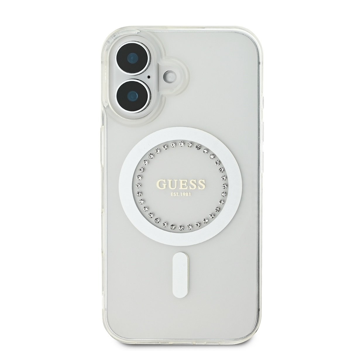 Guess IML rhinestones ring MagSafe ümbris iPhone 16 jaoks / Valge
