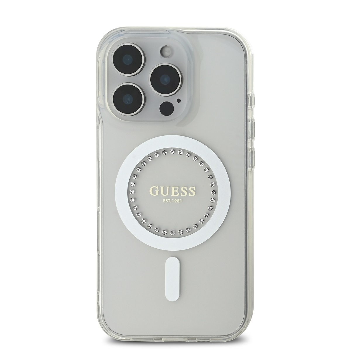 Guess IML rhinestones ring MagSafe ümbris iPhone 16 Pro jaoks / Valge