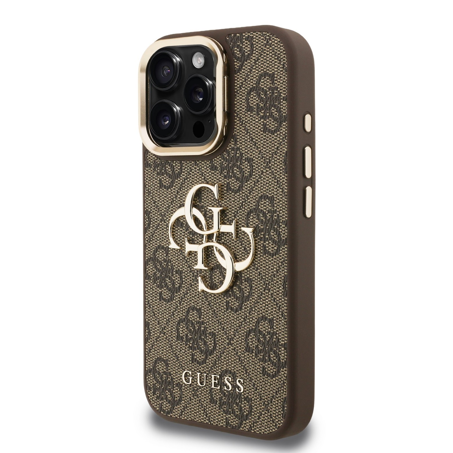 Guess PU 4G Metal Logo Stand Camera Frame Case iPhone 15 Pro jaoks / Brown