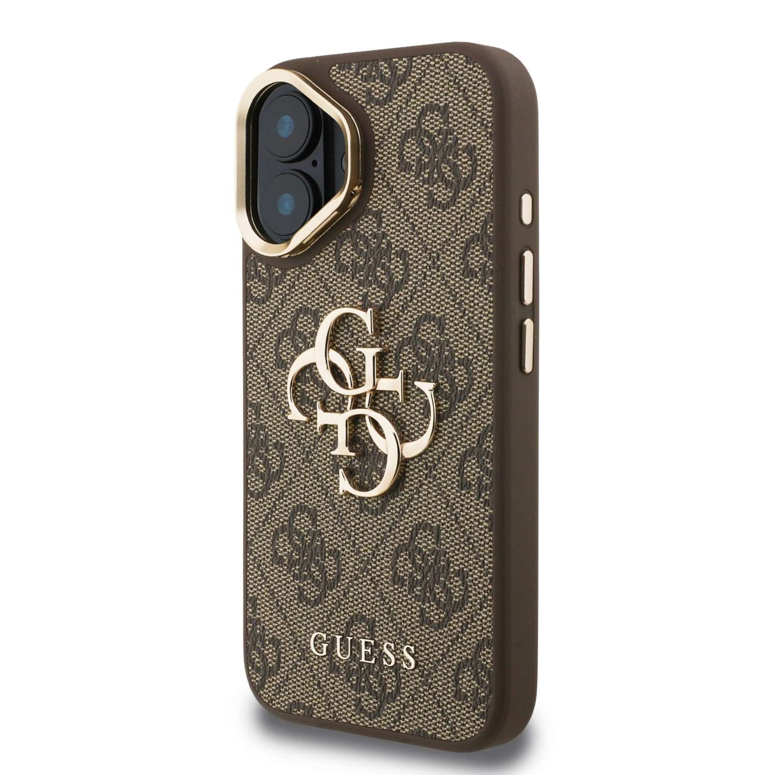 Guess PU 4G Metal Logo Stand Camera Frame Case iPhone 16 jaoks / Brown