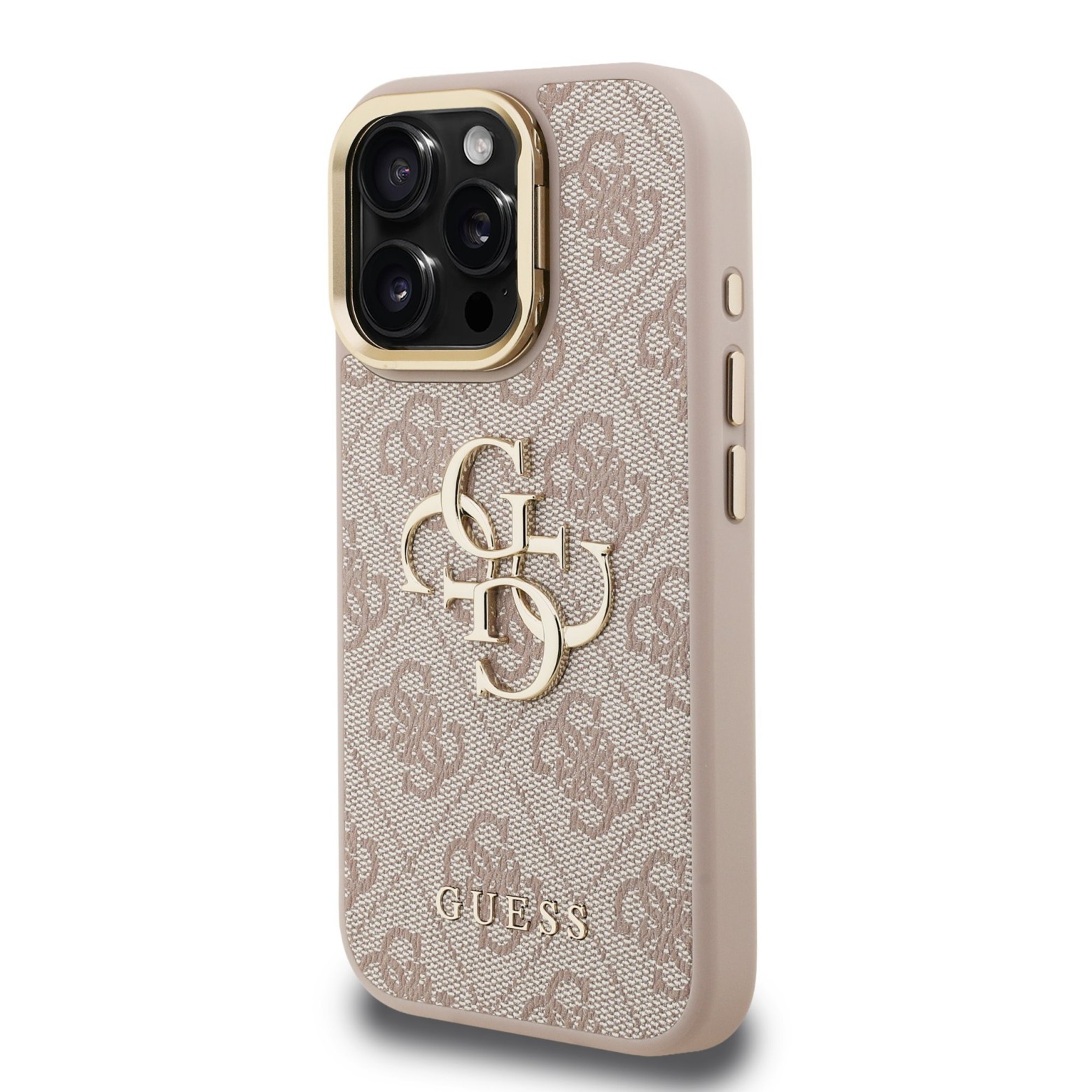 Guess PU 4G Metal Logo Stand Camera Frame Case iPhone 15 Pro jaoks / Pink