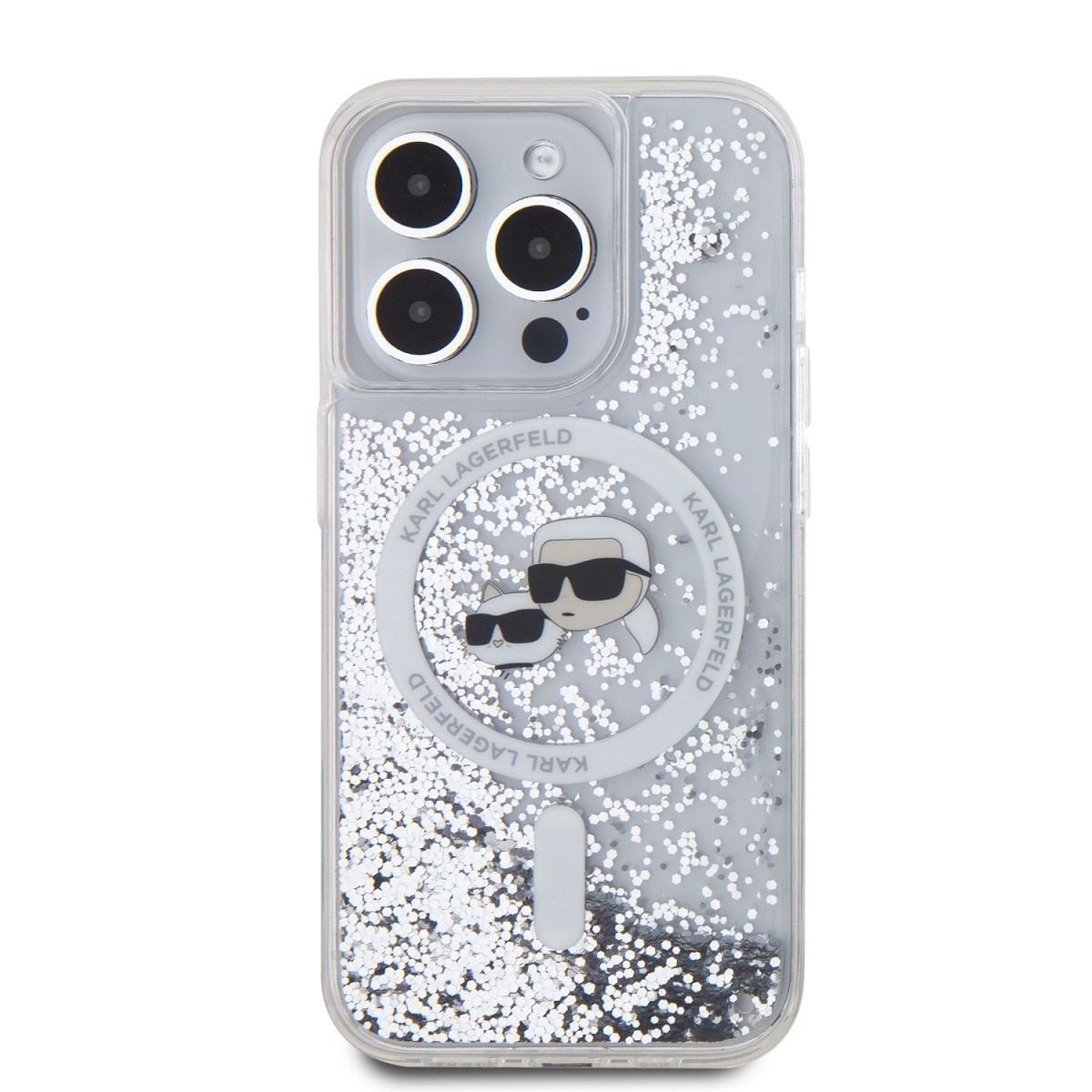 Karl Lagerfeld vedelate hõbedaste Karl ja Choupette peadega MagSafe ümbris iPhone 15 Pro Max jaoks / läbipaistev