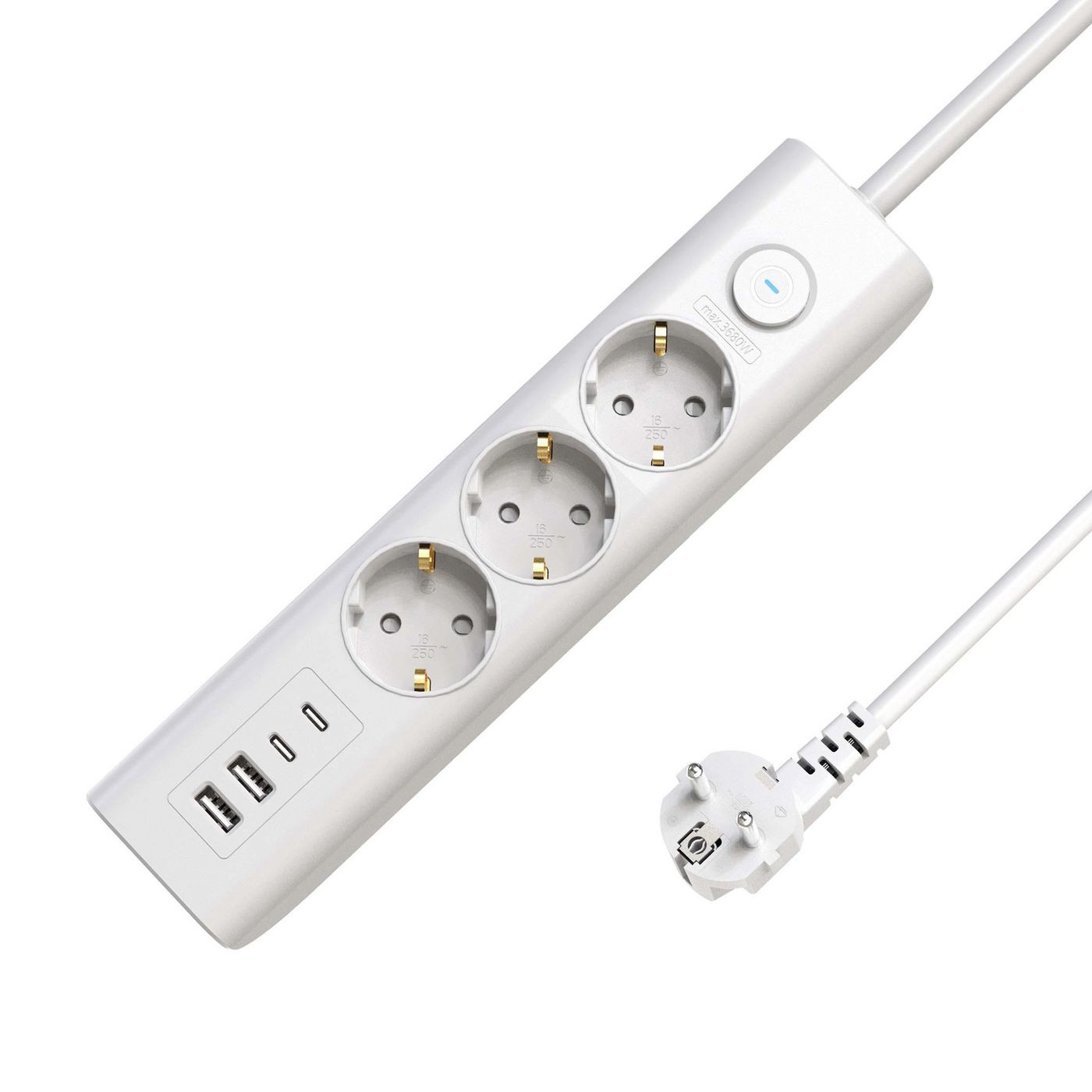 3 būdų USB Schuko maitinimo grandinė su įjungimo/išjungimo jungikliu 1,5M, balta