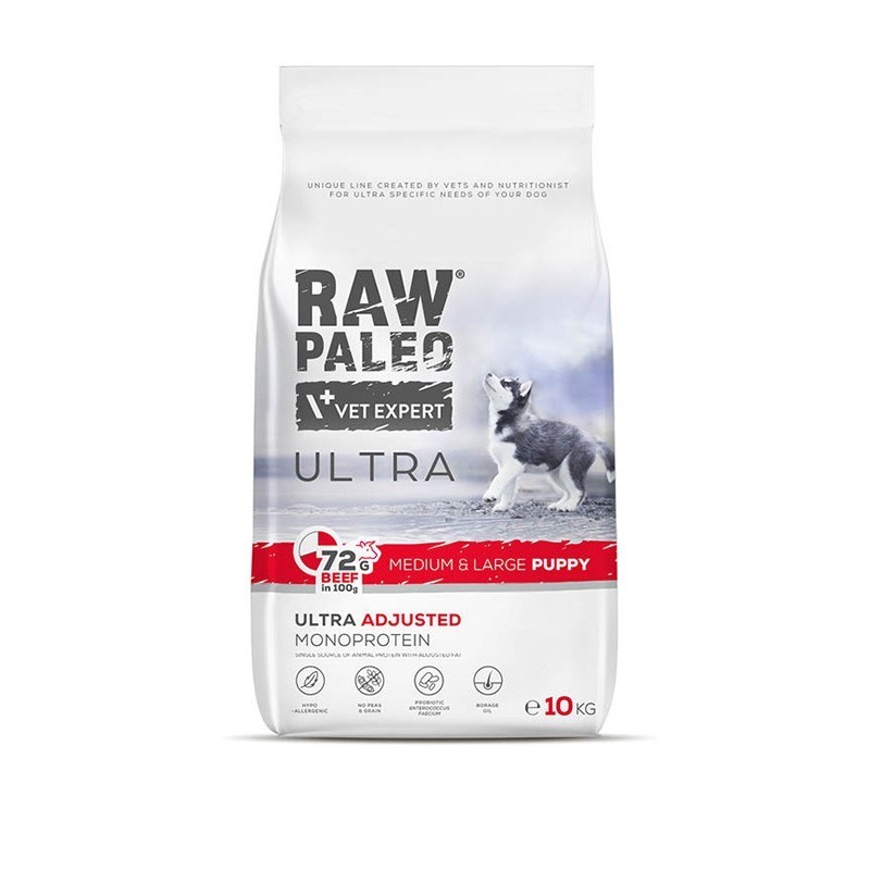 VETEXPERT Raw Paleo Ultra Medium&Large Puppy Beef - kuiv koeratoid puusapsid - 10 kg