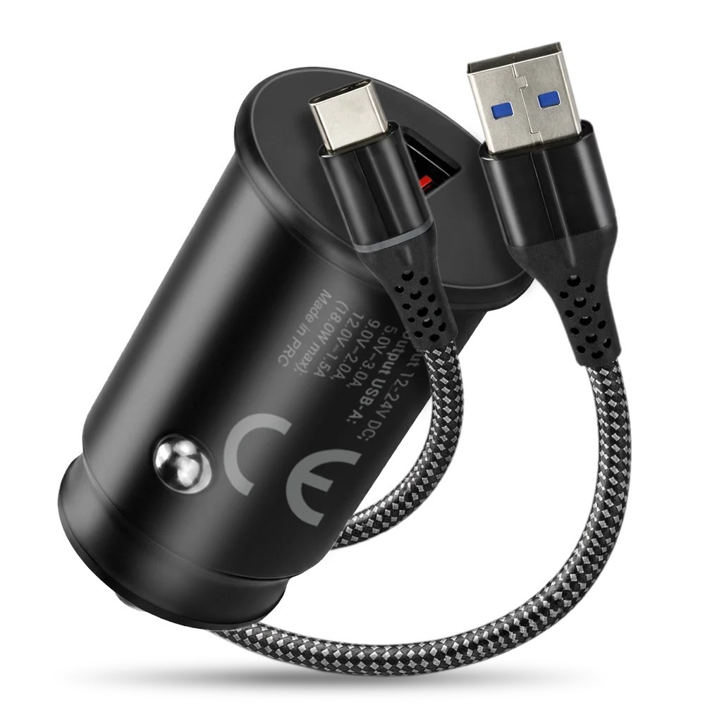 Autolaadija 1 X USB QC3.0 18W Must + USB-C Kaabel 1m