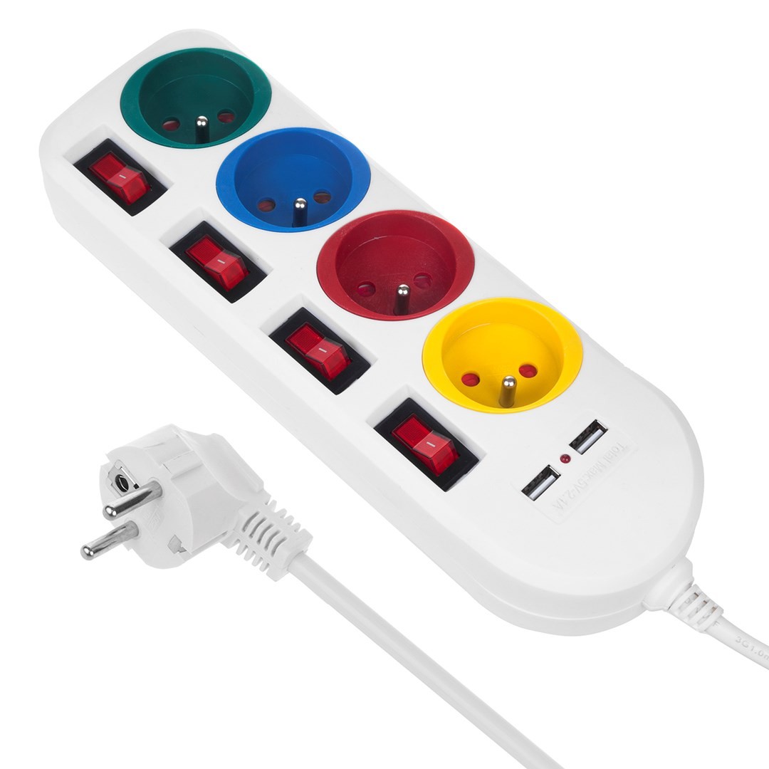 Maclean pikendusjuhe, laiendaja 4 pistikut + 2xUSB, lülititega, 250VAC/10A, 2.1A 5V, 1.5m, valge, MCE229 W