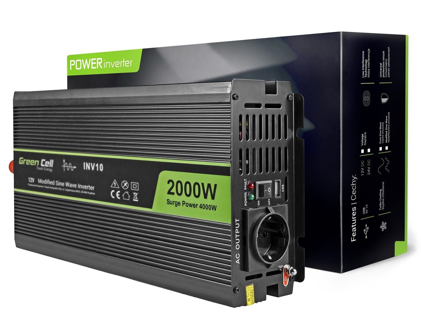 Green Cell INV10 toiteadapter/inverter auto 2000 W must